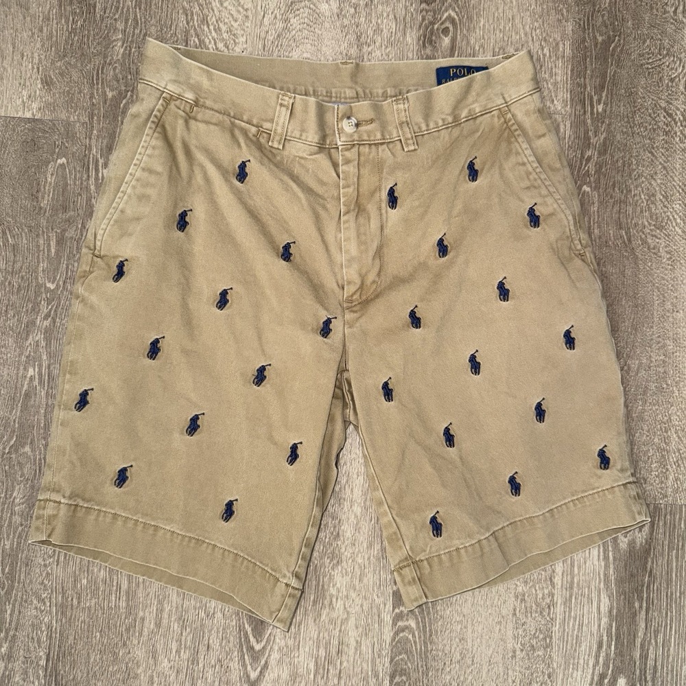 Polo Ralph Lauren Twill Chino Shorts Men's 29 All Over Pony Print Khaki Beige 9" - Picture 2 of 6